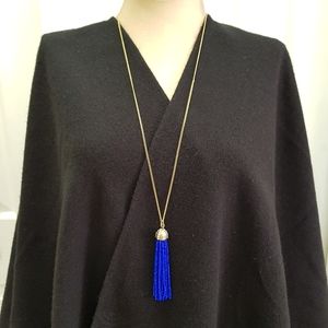 J CREW Blue Fringe Tassle Long Necklace Goldtone Chain Seedbeads Pave Rhinestone